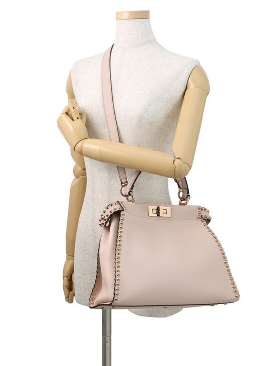 Fendi Peekaboo Regular Leather Studs 2-Way Shoulder Bag Pink Beige